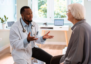 An older woman is receiving the best senior health care from her geriatrician, who is sitting across from her and gesturing with his hands as he explains something.