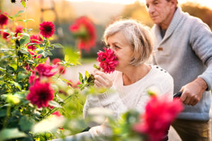 Senior woman outside smelling a flower